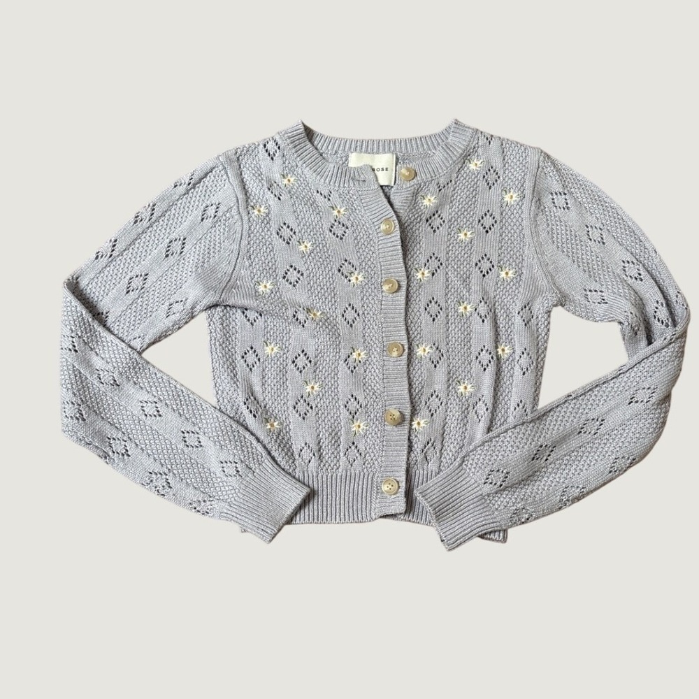 Pink Rose Cardigan Women Light Blue Daisy Embroidered Pointelle SIZE XS